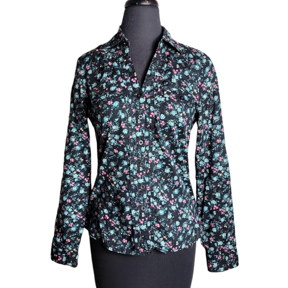 Miley Cyrus & Max Azria button down flora v neck top size medium - Picture 1 of 6